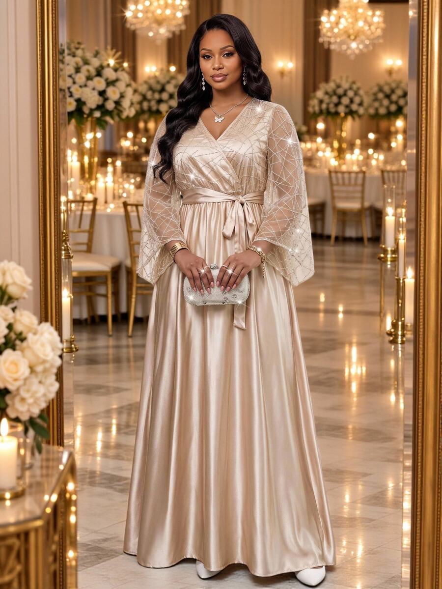 Fleurora Plus Size Elegant Glamorous Sequin Satin Evening Dress For Party And Wedding - Khaki - View 1