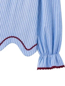 Nöista Blue Striped Blouse With Contrast Red Piping And Scallop Hem. Fall Winter, Casual, Everyday. - Blue - View 10