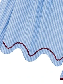 Nöista Blue Striped Blouse With Contrast Red Piping And Scallop Hem. Fall Winter, Casual, Everyday. - Blue - View 9