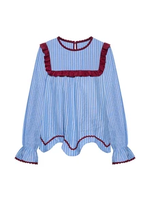 Nöista Blue Striped Blouse With Contrast Red Piping And Scallop Hem. Fall Winter, Casual, Everyday. - Blue - View 11