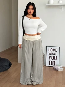 Coolane 女款大尺碼秋冬外出優雅度假鄉村音樂會海灘穿搭波西米亞基本款米色黑色條紋中腰寬腿褲 - 黑與白 - 查看 4