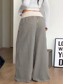 Coolane 女款大尺碼秋冬外出優雅度假鄉村音樂會海灘穿搭波西米亞基本款米色黑色條紋中腰寬腿褲 - 黑與白 - 查看 6