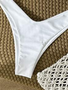 SHEIN Swim Women's Solid Color Metal Decor Spaghetti Strap Sexy Bikini Set, Summer - White - View 6