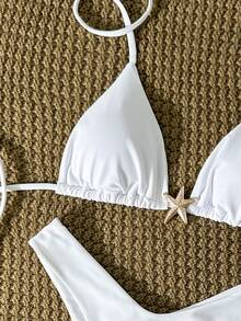 SHEIN Swim Women's Solid Color Metal Decor Spaghetti Strap Sexy Bikini Set, Summer - White - View 4