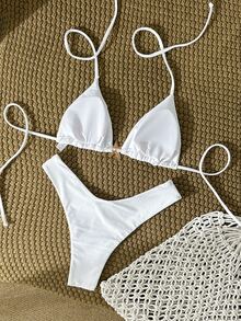 SHEIN Swim Women's Solid Color Metal Decor Spaghetti Strap Sexy Bikini Set, Summer - White - View 3
