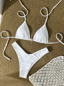 SHEIN Swim Women's Solid Color Metal Decor Spaghetti Strap Sexy Bikini Set, Summer - White - View 2