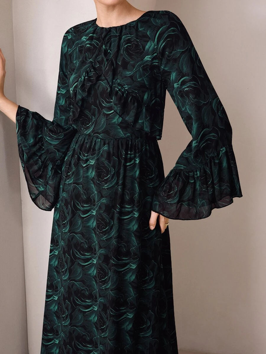 Graceveil Dark Green Floral Textured Chiffon Long Dress With Pleated Ruffle Hem, Round Neck, Loose Flare Sleeves, Elegant Style