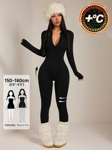 SHEIN PETITE Black Knit Women's Fitted Jumpsuit, Suitable For Autumn/Winter - Black - View 1