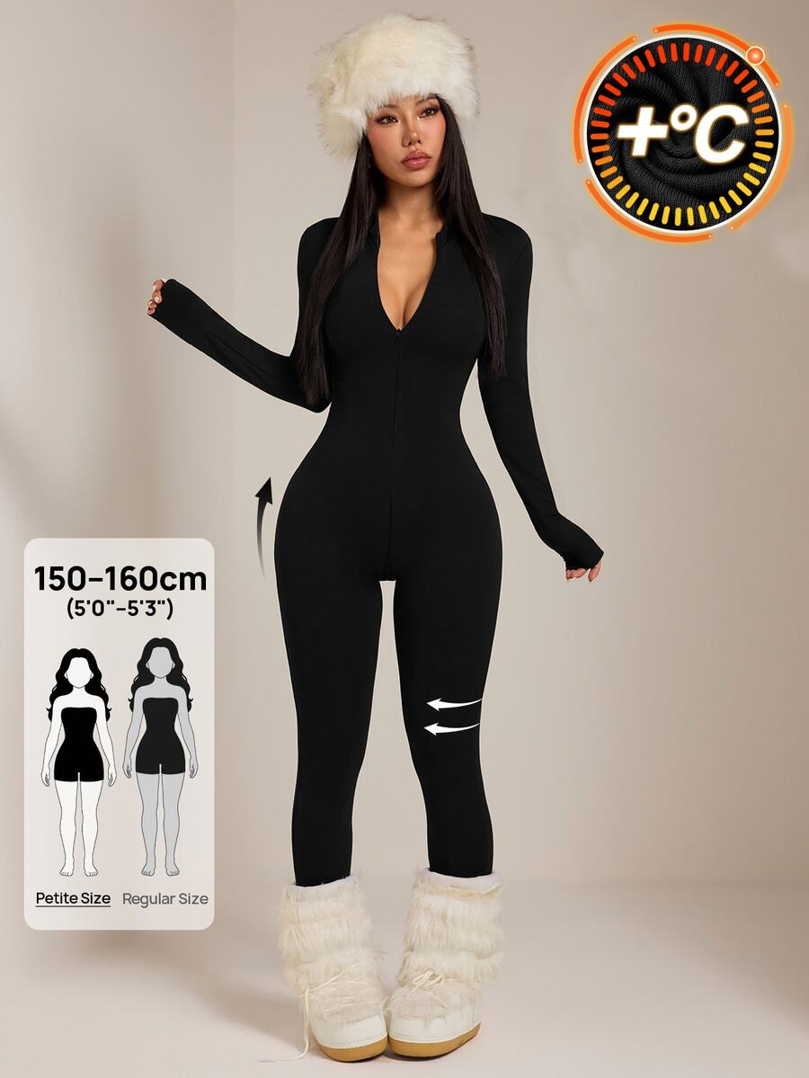 SHEIN PETITE Black Knit Women's Fitted Jumpsuit, Suitable For Autumn/Winter - Black - View 1