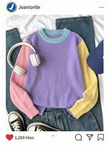 SHEIN Áo len chui đầu tay dài cổ tròn phối màu cho bé gái tuổi teen, thu đông, đi học, mềm mại ấm áp, lễ hội Giáng sinh - Nhiều màu - Xem 8