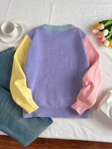 SHEIN Áo len chui đầu tay dài cổ tròn phối màu cho bé gái tuổi teen, thu đông, đi học, mềm mại ấm áp, lễ hội Giáng sinh - Nhiều màu - Xem 3