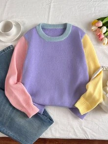 SHEIN Áo len chui đầu tay dài cổ tròn phối màu cho bé gái tuổi teen, thu đông, đi học, mềm mại ấm áp, lễ hội Giáng sinh - Nhiều màu - Xem 9
