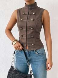 Lucivie Chaleco corto para mujer sin mangas con cuello alto, doble botonadura, cierre frontal con cremallera, de ante sintético, para atuendo casual de calle, look retro, uso diario y desplazamientos