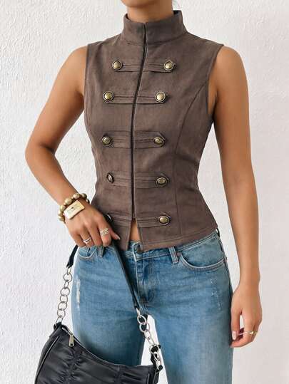Lucivie Women Stand Collar Double Breasted Sleeveless Vest Faux Suede Zip Front Cropped Waistcoat For Woman Casual Street Outfit Retro Look Daily Commute Wear