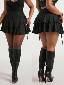 Radiana Plus Size Women's Black Layered Ruffle Mini Skirt Skort, Elastic Drawstring Waist Goth Sexy Street Style, Autumn Night Party Date Night Fall - Black - View 4
