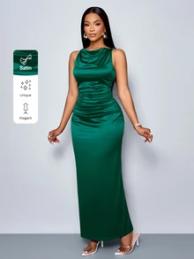 SOLERSUN 女款優雅純色垂領抓皺無袖派對晚宴洋裝，適合宴會婚禮，深綠色，夏季 - 綠色 - 查看 9