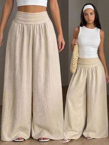 SHEIN Tween Girls Pants Festival Casual Vacation Beige Loose Textured Casual Wide Leg Pants - Apricot - View 1
