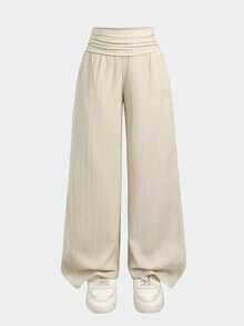SHEIN Tween Girls Pants Festival Casual Vacation Beige Loose Textured Casual Wide Leg Pants - Apricot - View 3