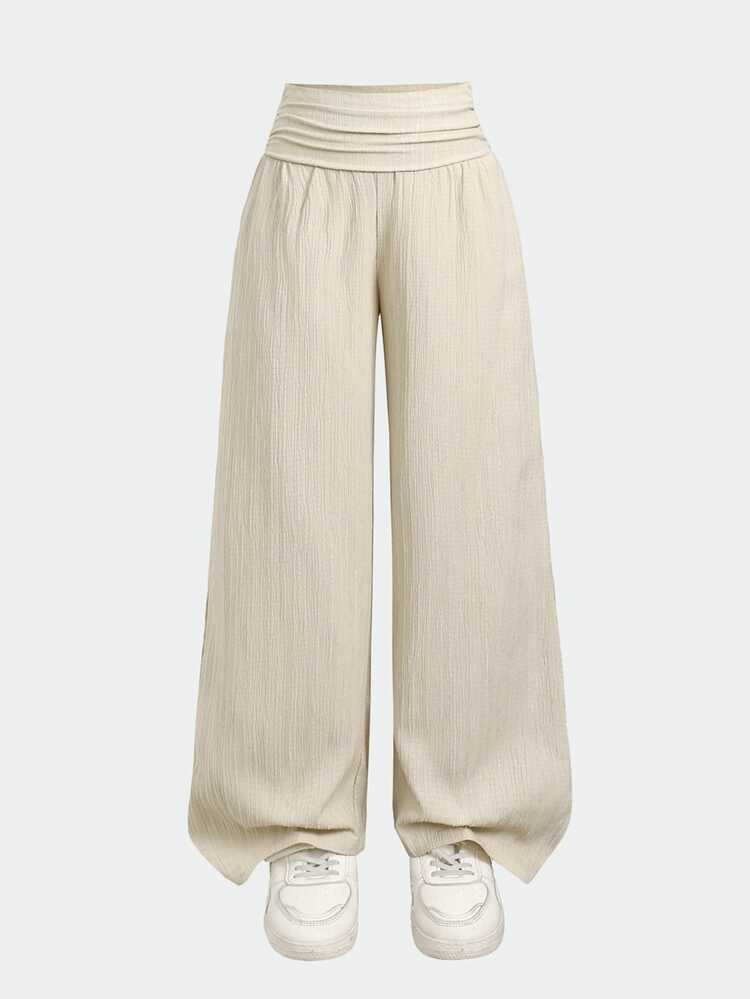 SHEIN Tween Girls Pants Festival Casual Vacation Beige Loose Textured Casual Wide Leg Pants - Apricot - View 3