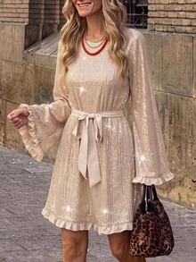 Brillora Đầm ngắn thời trang nữ màu trơn đính sequin tay dài thắt eo - Rượu sâm banh - Xem 12