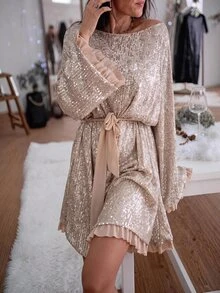 Brillora Đầm ngắn thời trang nữ màu trơn đính sequin tay dài thắt eo - Rượu sâm banh - Xem 13