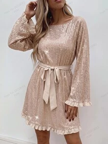 Brillora Đầm ngắn thời trang nữ màu trơn đính sequin tay dài thắt eo - Rượu sâm banh - Xem 10