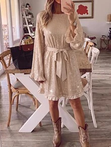 Brillora Đầm ngắn thời trang nữ màu trơn đính sequin tay dài thắt eo - Rượu sâm banh - Xem 11
