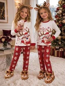 SHEIN Tween Girls Tween Girl Autumn Winter Christmas Cute Fashion Versatile Party Long Sleeve Pants Set Daily Home Wear - Red and White - View 13