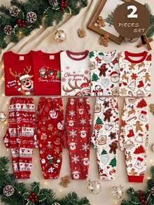 SHEIN Tween Girls Tween Girl Autumn Winter Christmas Cute Fashion Versatile Party Long Sleeve Pants Set Daily Home Wear - Red and White - View 9