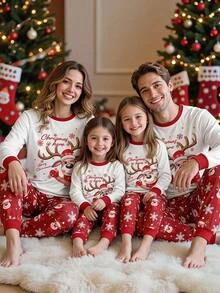 SHEIN Tween Girls Tween Girl Autumn Winter Christmas Cute Fashion Versatile Party Long Sleeve Pants Set Daily Home Wear - Red and White - View 8