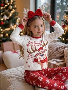 SHEIN Tween Girls Tween Girl Autumn Winter Christmas Cute Fashion Versatile Party Long Sleeve Pants Set Daily Home Wear - Red and White - View 3