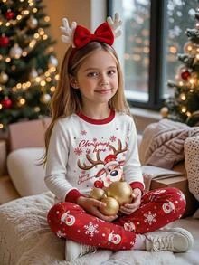 SHEIN Tween Girls Tween Girl Autumn Winter Christmas Cute Fashion Versatile Party Long Sleeve Pants Set Daily Home Wear - Red and White - View 2