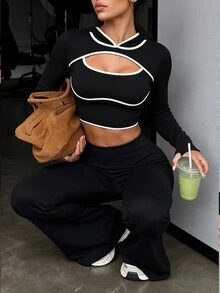 SHEIN Sports Black And White Contrast Trim Hollow Out Cropped Sweatshirt - Black - View 7