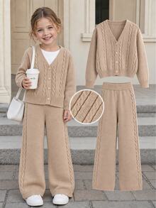 Young Girl Cable Texture Long Sleeve Cardigan & Pants Knit Set Suitable For Autumn/Winter,Back To School Clothes Girls Pullover - Khaki - View 3
