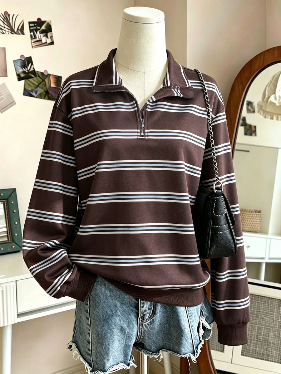 SHEIN Girls' Half-Zip Striped Sweatshirt, Drop-Shoulder Collared Pullover, American Retro Casual TopPerfect For Outings - Brown - View 1