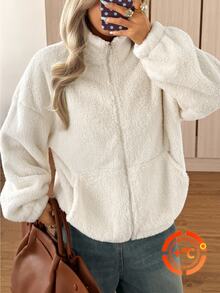 SHEIN EZwear 女款純色拉鍊休閒百搭長袖夾克，適合日常居家、旅行，米白色，秋季 - 白色 - 查看 9