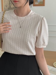 DAZY 女士夏季圆领优雅通勤百搭宽松上衣休闲短袖T恤 - 米色 - 查看 6