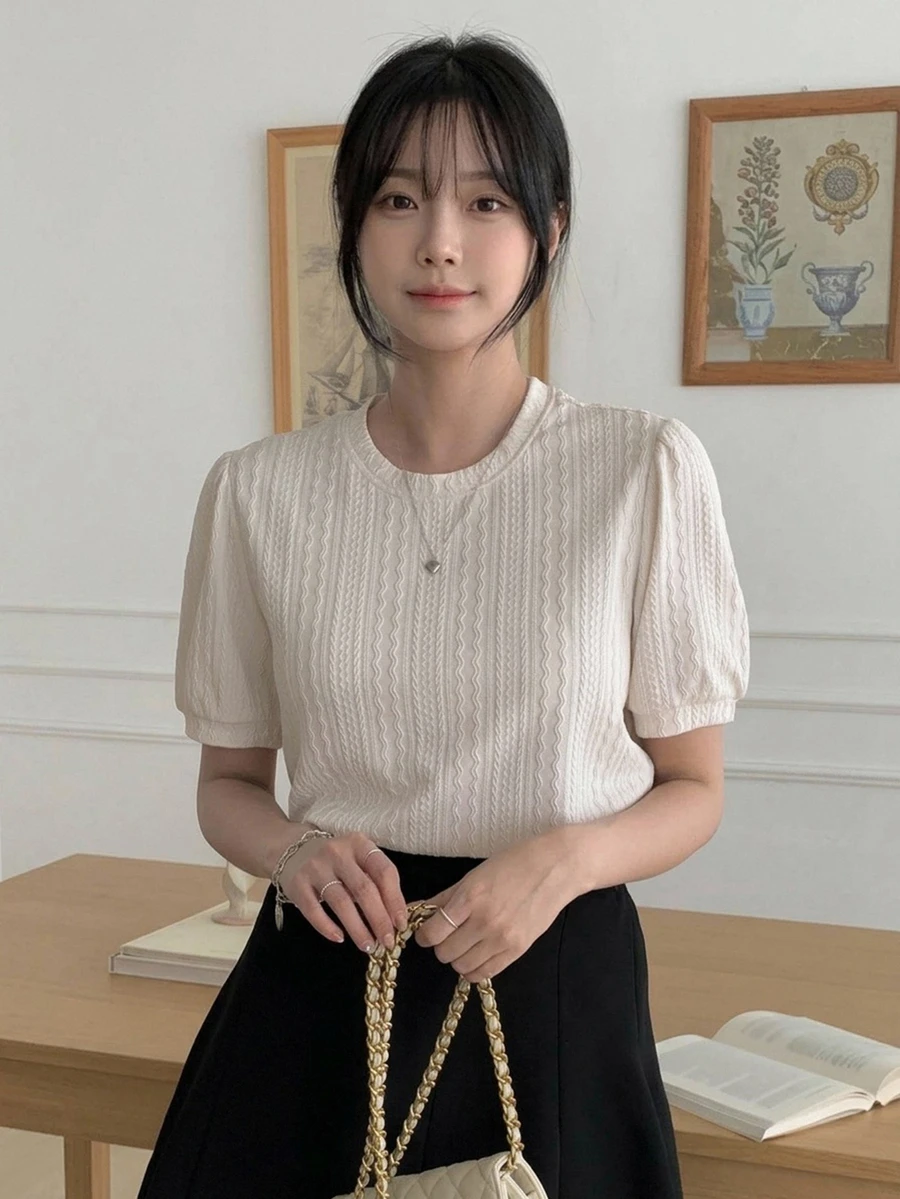 DAZY 女士夏季圆领优雅通勤百搭宽松上衣休闲短袖T恤 - 米色 - 查看 1