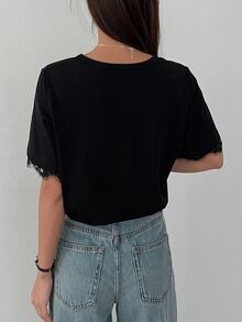 DAZY 女士撞色蕾丝圆领宽松短袖 T 恤，夏季休闲日常装，商务休闲女装 - 黑色 - 查看 5