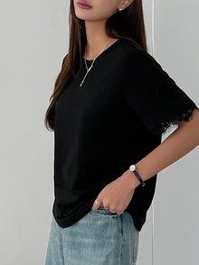 DAZY 女士撞色蕾丝圆领宽松短袖 T 恤，夏季休闲日常装，商务休闲女装 - 黑色 - 查看 4