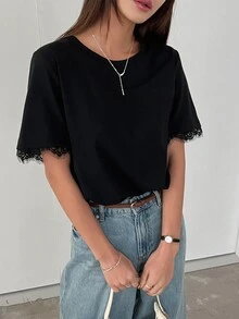 DAZY 女士撞色蕾丝圆领宽松短袖 T 恤，夏季休闲日常装，商务休闲女装 - 黑色 - 查看 6