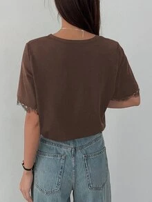 DAZY Women's Contrast Lace Loose Short Sleeve Casual T-Shirt - Brown - View 6