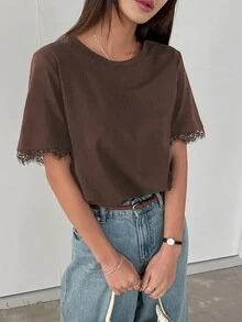 DAZY Women's Contrast Lace Loose Short Sleeve Casual T-Shirt - Brown - View 5
