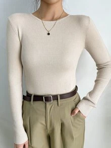 DAZY Women's Solid Color Long Sleeve Casual Business Pullover Sweater, Autumn,Long Sleeve Tops,Fall Women Clothes - Beige - View 7