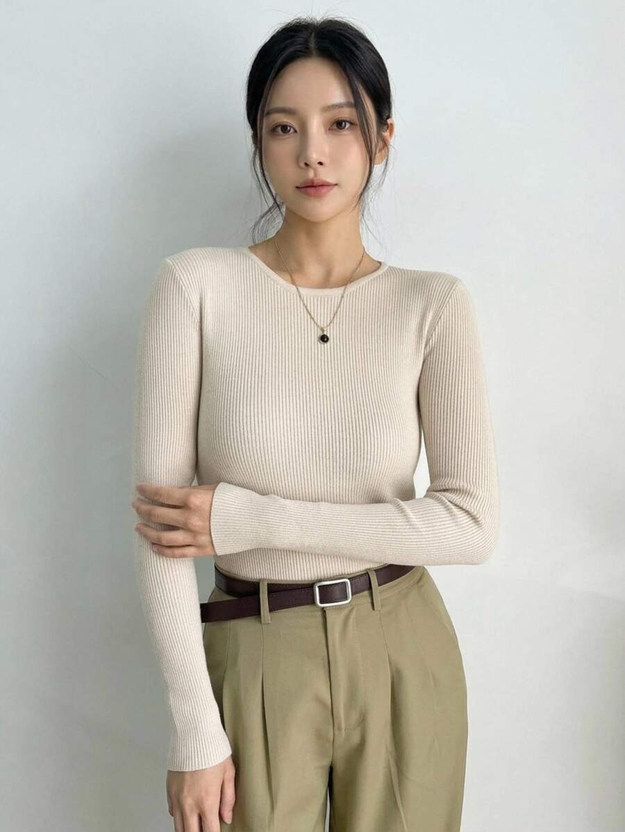 DAZY Women's Solid Color Long Sleeve Casual Business Pullover Sweater, Autumn,Long Sleeve Tops,Fall Women Clothes - Beige - View 1