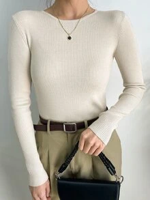 DAZY Women's Solid Color Long Sleeve Casual Business Pullover Sweater, Autumn,Long Sleeve Tops,Fall Women Clothes - Beige - View 5