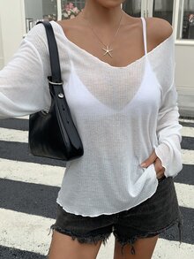 DAZY 女士宽松深V领白色长袖薄纱休闲街头风T恤，夏季、返校季、秋季女士T恤度假泳装罩衫 - 白色 - 查看 1