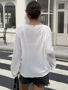 DAZY 女士宽松深V领白色长袖薄纱休闲街头风T恤，夏季、返校季、秋季女士T恤度假泳装罩衫 - 白色 - 查看 6