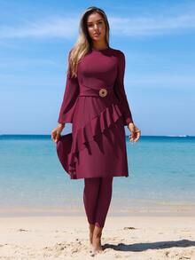SHEIN Swim Women's New Burgundy Burkini Two Pieces Swimwear, Top Fashionable Maxi Dress Paired With Slim Fit Bottoms, Modest Beach Party Swimwear Set - Burgundy - View 5