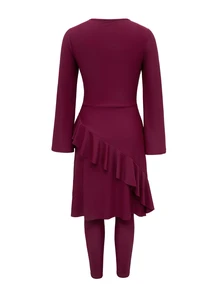 SHEIN Swim Women's New Burgundy Burkini Two Pieces Swimwear, Top Fashionable Maxi Dress Paired With Slim Fit Bottoms, Modest Beach Party Swimwear Set - Burgundy - View 8
